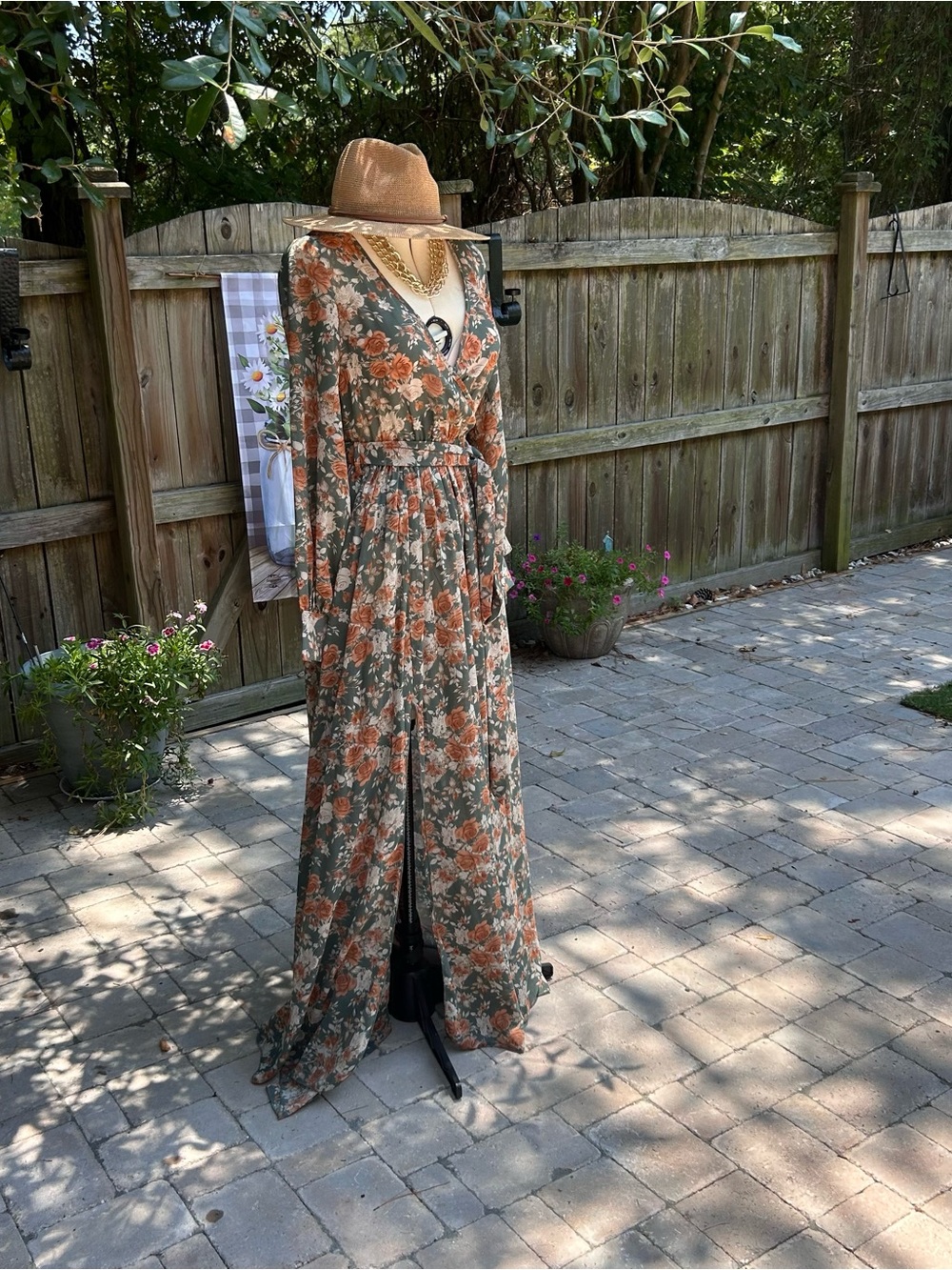 Floral Long-Sleeve Maxi Dress in Olive and Rust - Picture 2 of 6